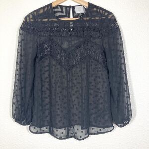 HD in Paris Sheer Top Womens 0 Black Lace Swiss Dot Long Sleeve Boho Blouse
